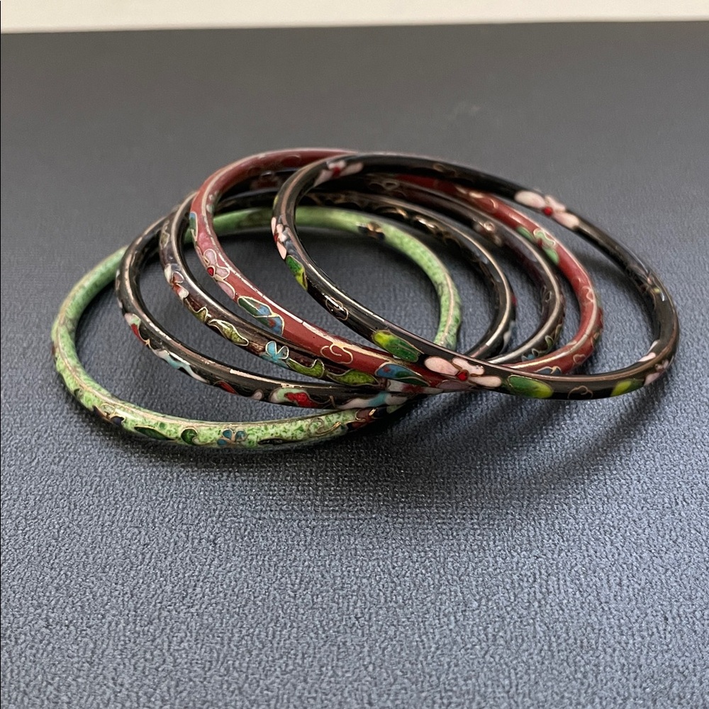 VTG Chinese Cloisonne Bangle Bracelets Lot of 5 Multicolor Enamel Flowers BOHO